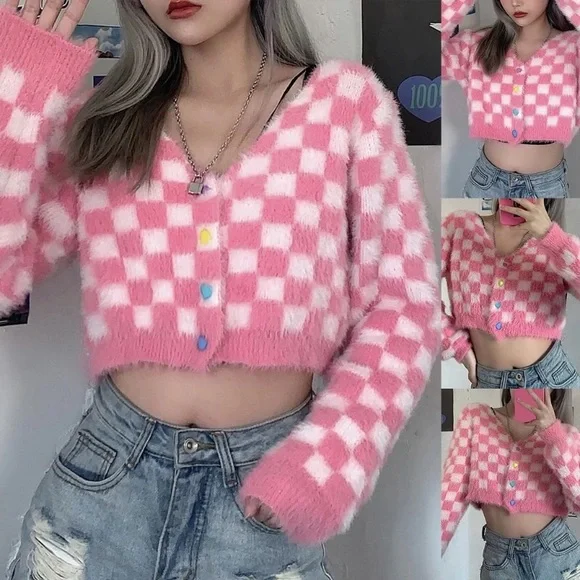 Plaid sweater pink white womens cardigan long heart buttons - Picture 9 of 12